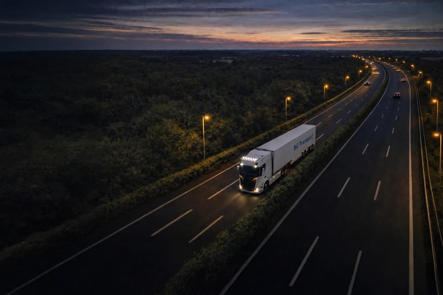 Weißer Lkw mit BG-Transport-Schriftzug auf einer Autobahn bei Dämmerung (KI-bearbeitetes Symbolbild)
