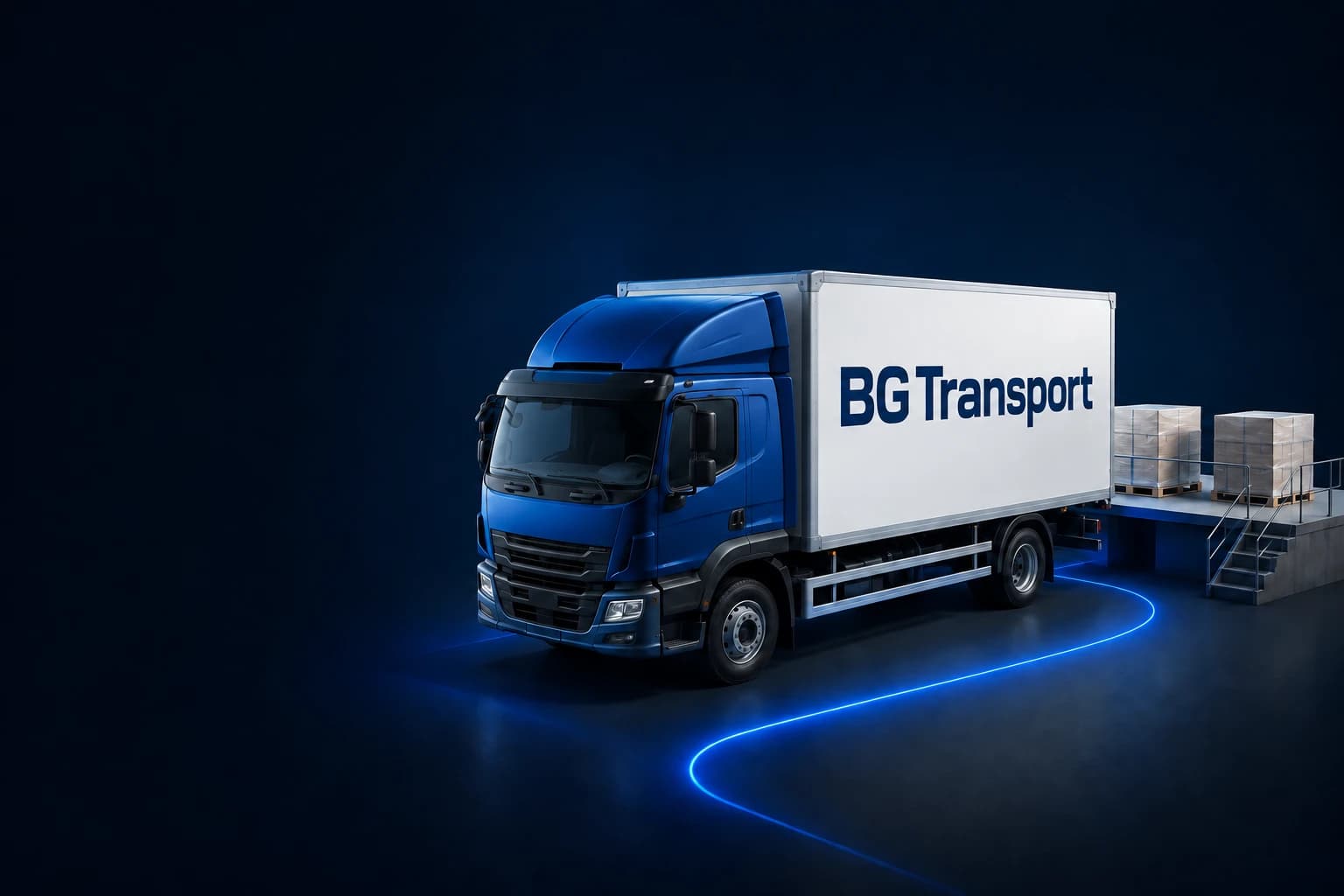 KI-generierte Illustration eines blauen Lkw mit BG-Transport-Schriftzug und leuchtender Transportroute